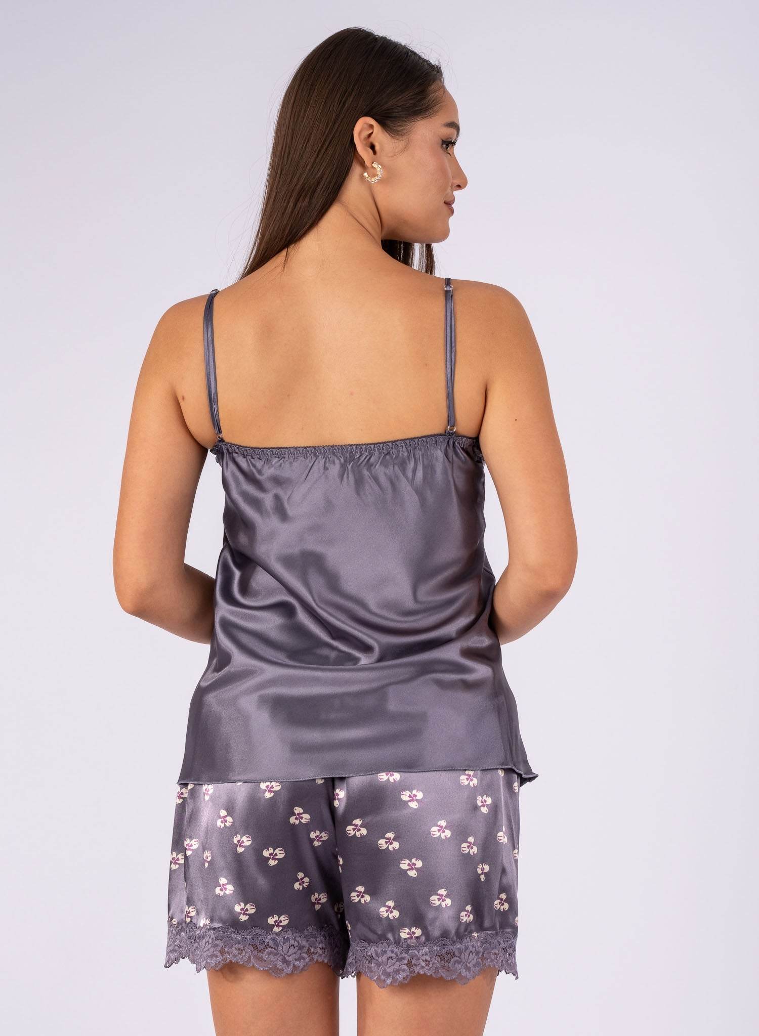 Pijamale Damă din satin, cu imprimeu, Gri - Rammi.ro