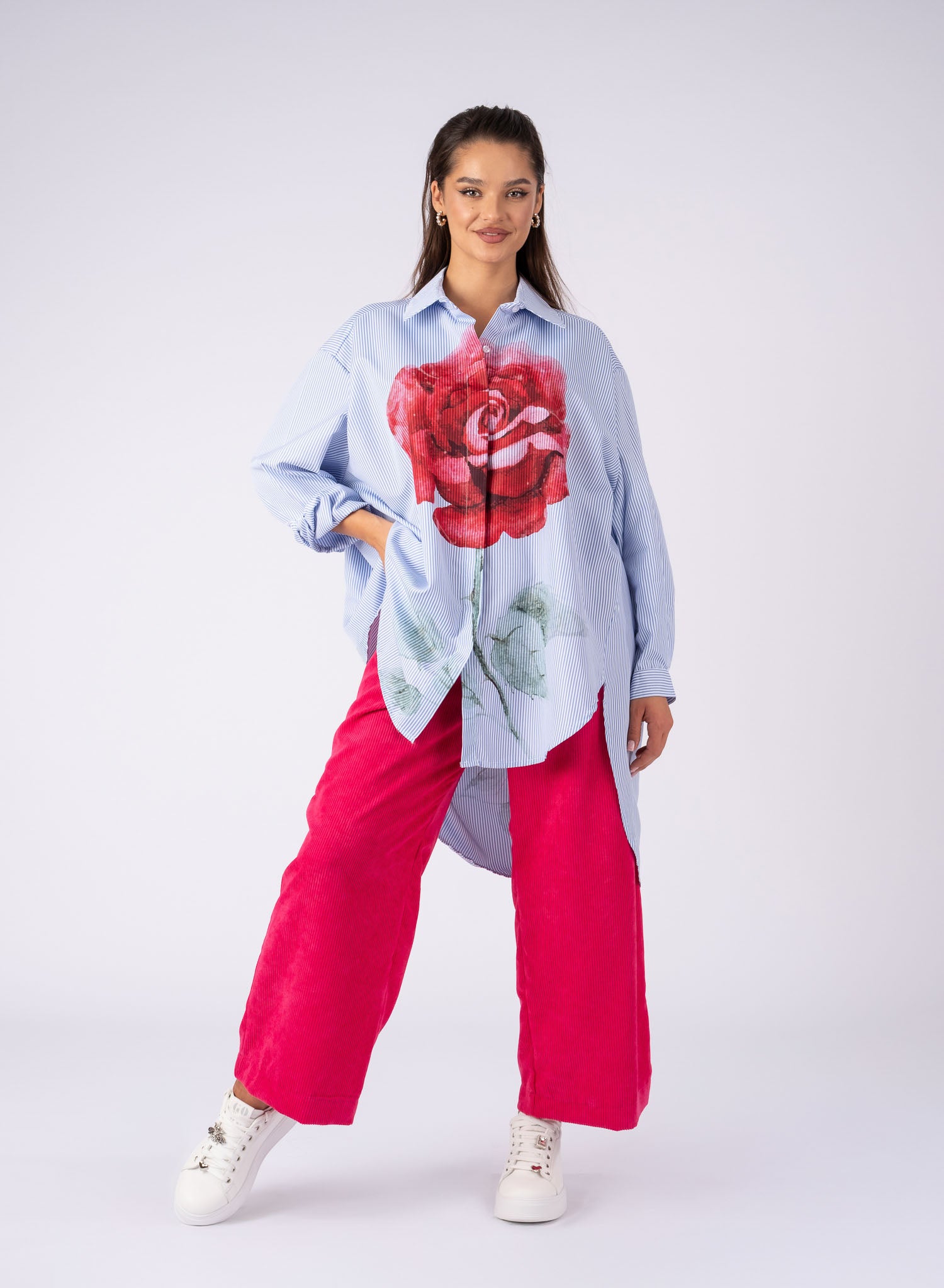 Pantaloni casual Fucsia, din material reiat