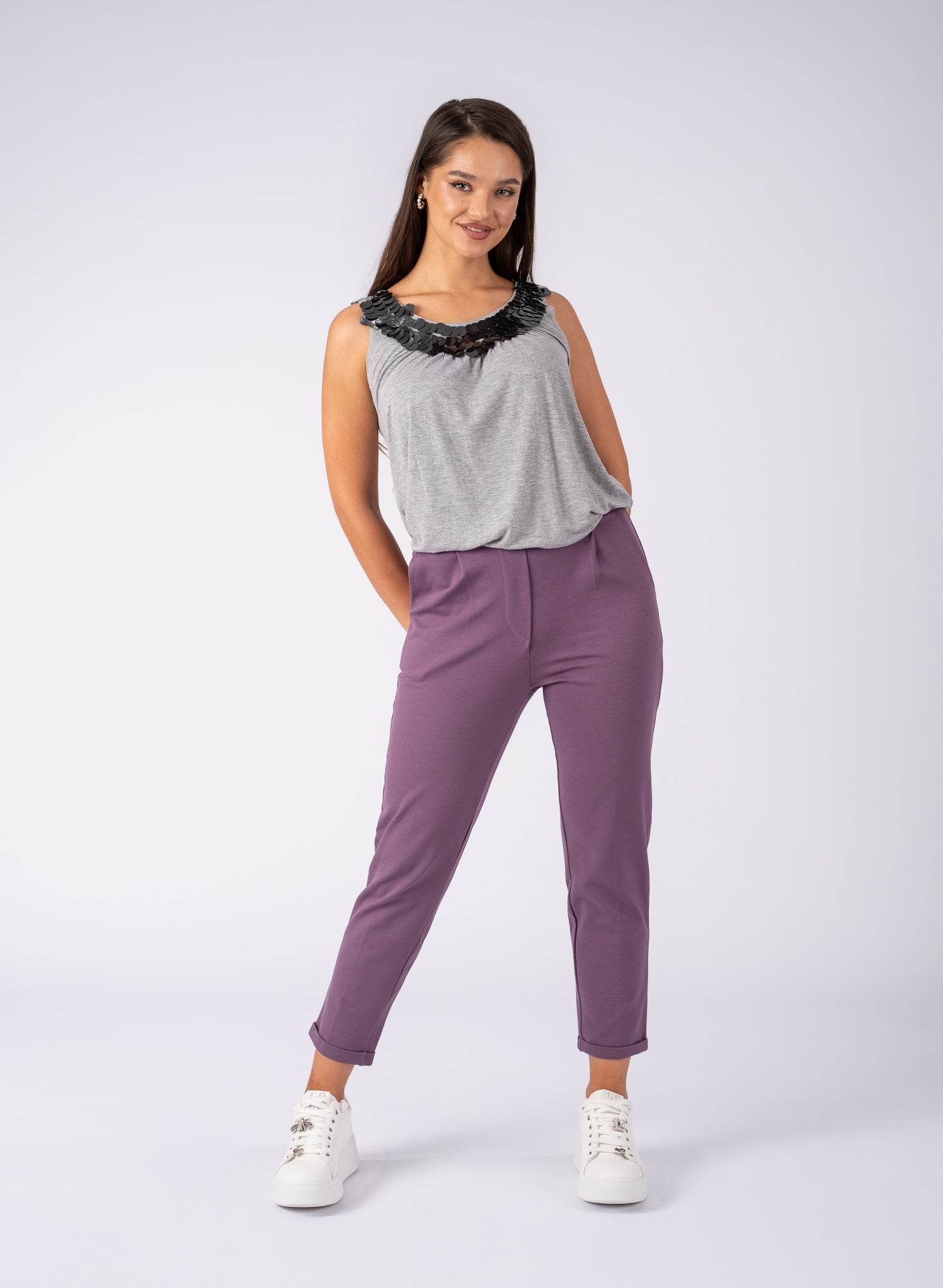 Pantaloni din vâscoză groasă, Lila - Rammi.ro