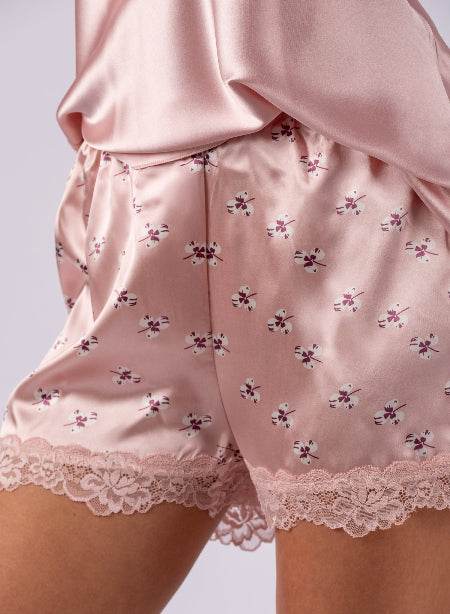Pijama scurtă din satin fin ca mătasea, Roz pudră - Rammi.ro