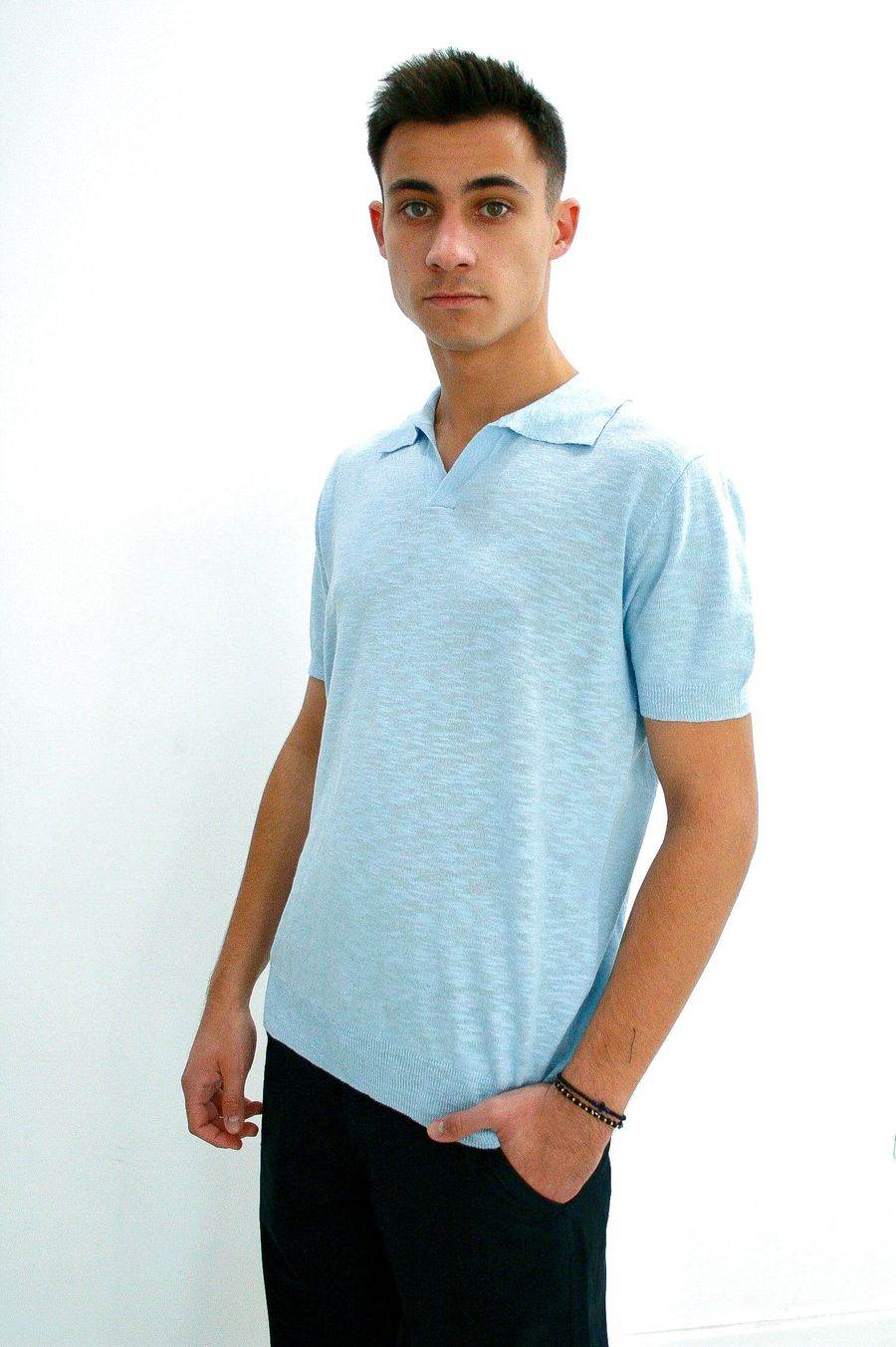 Tricou pentru bărbați, tricotat din fibre naturale, Bleu - Rammi.ro