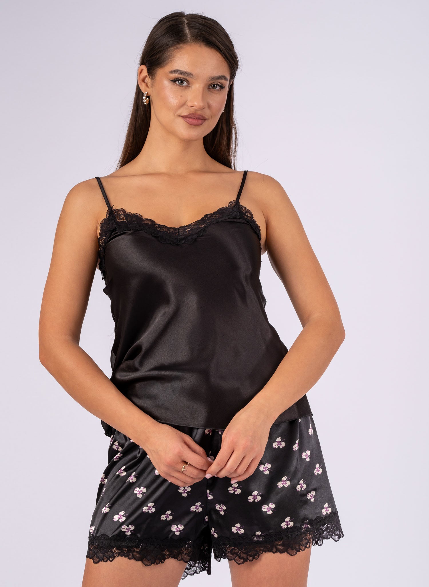 Pijama scurta din satin, cu imprimeu, Neagra